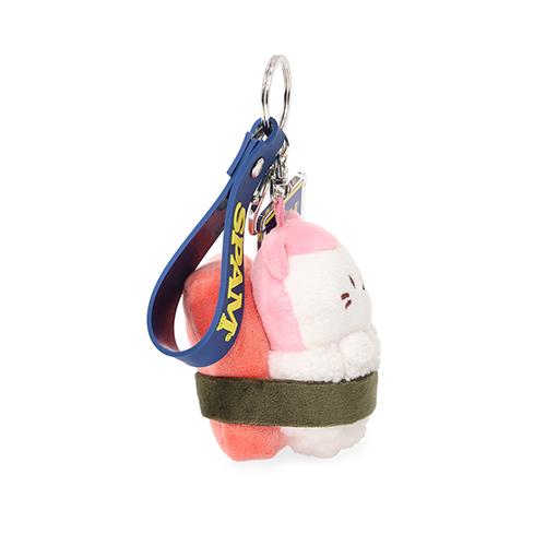 Keychain with sushi-themed plush charm and blue strap featuring "SPAM" text.