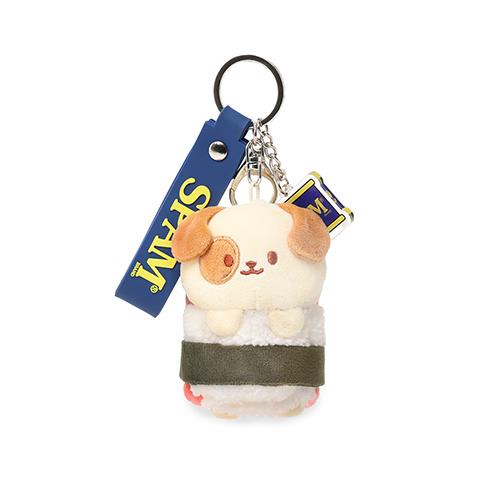 Close-up of a cartoon dog in a sushi costume keychain with a blue SPAM logo strap attached.
