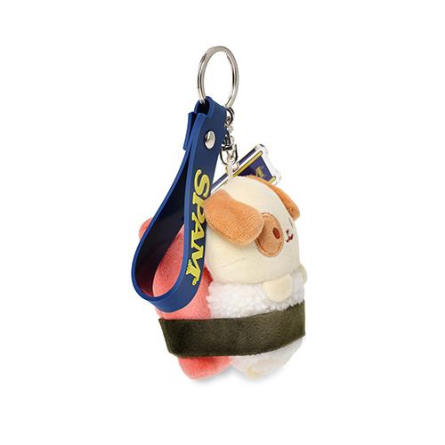 Keyring with a plush dog dressed as sushi.