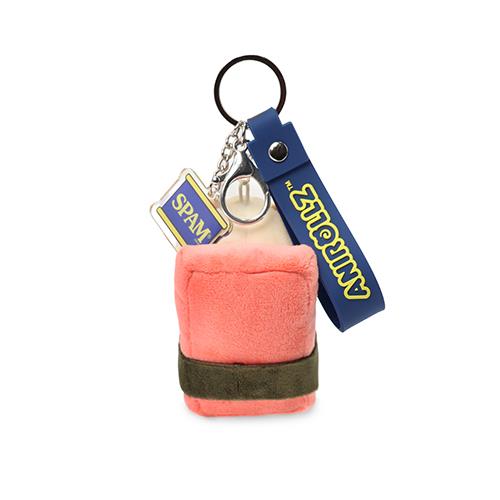 Key chain featuring a plush toy shaped like a slice of Spam, with a Spam logo tag and a blue Anirollz logo strap.
