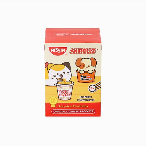 Front view of a Nissin Anirollz surprise plush box with a cat eating cup noodles and a dog in Top Ramen.
