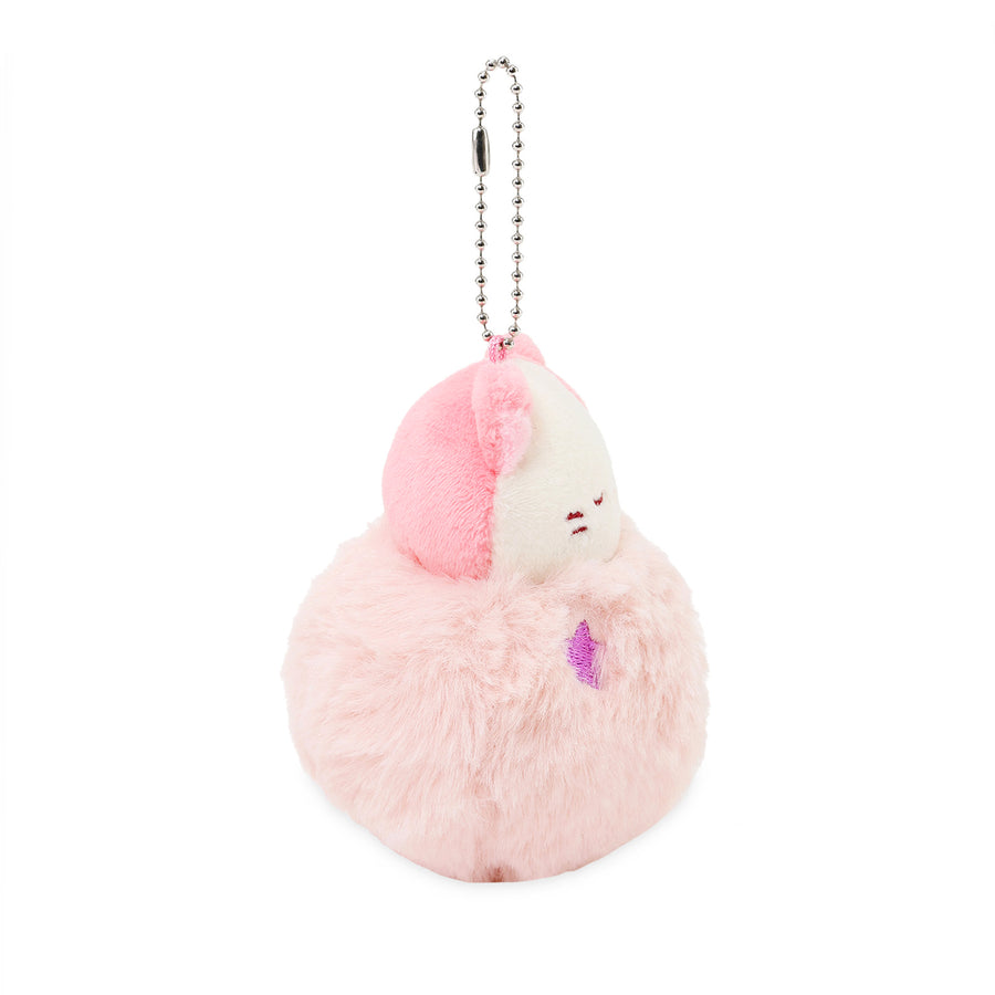 Pink fluffy keychain with a small embroidered design on a white background