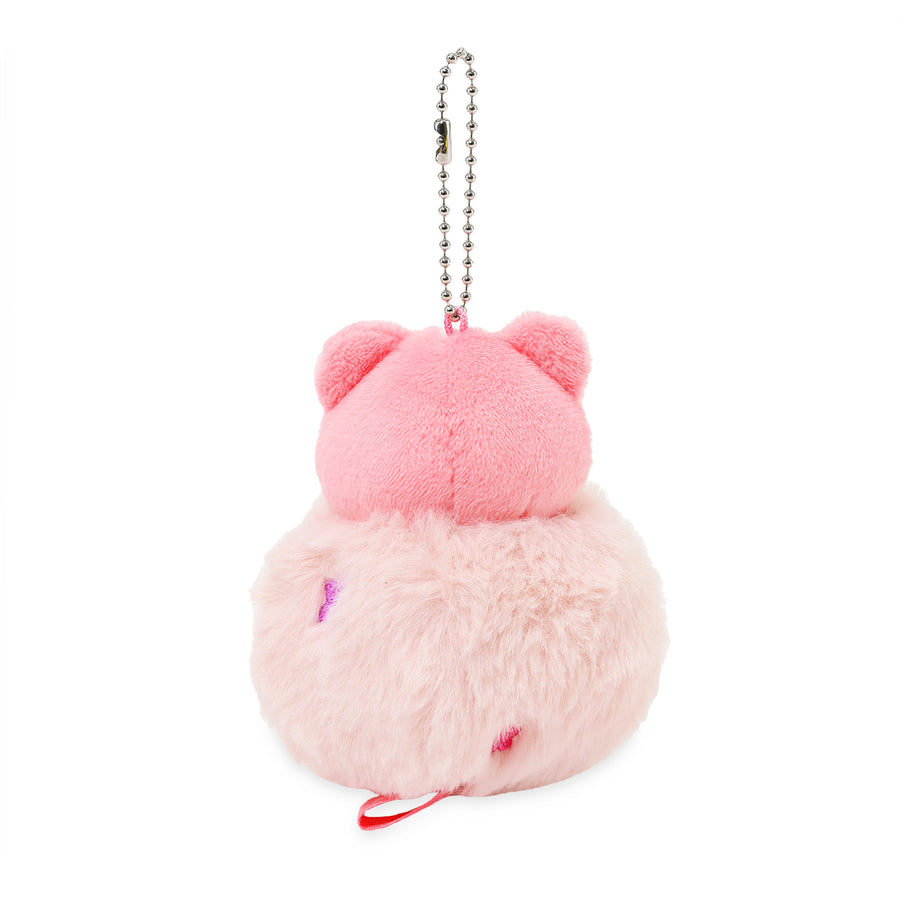 Pink plush keychain with a white background