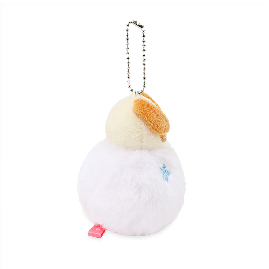 Plush keychain with a white body, beige head, and orange bow on a white background