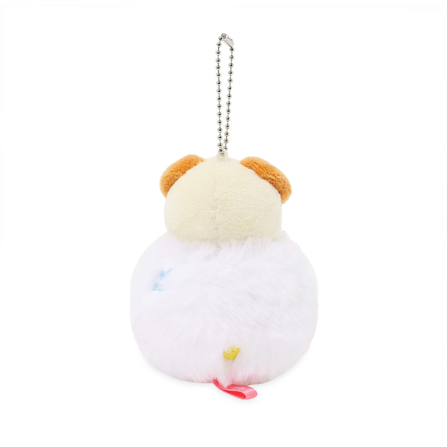 Plush keychain of a cartoon character with a white body and beige head on a white background