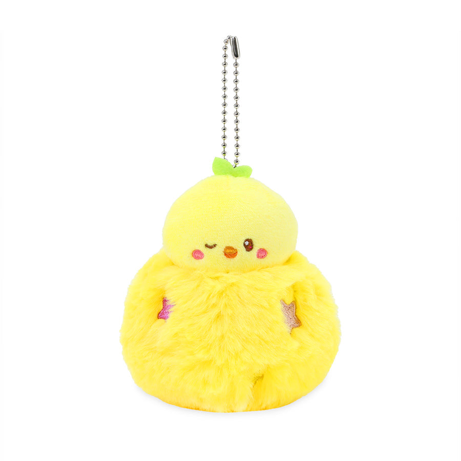 Yellow plush keychain with a cute face on a white background