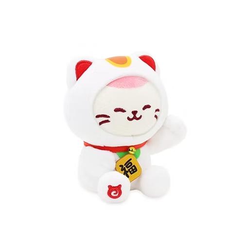 White cat-shaped plush toy with red and yellow accents on a white background