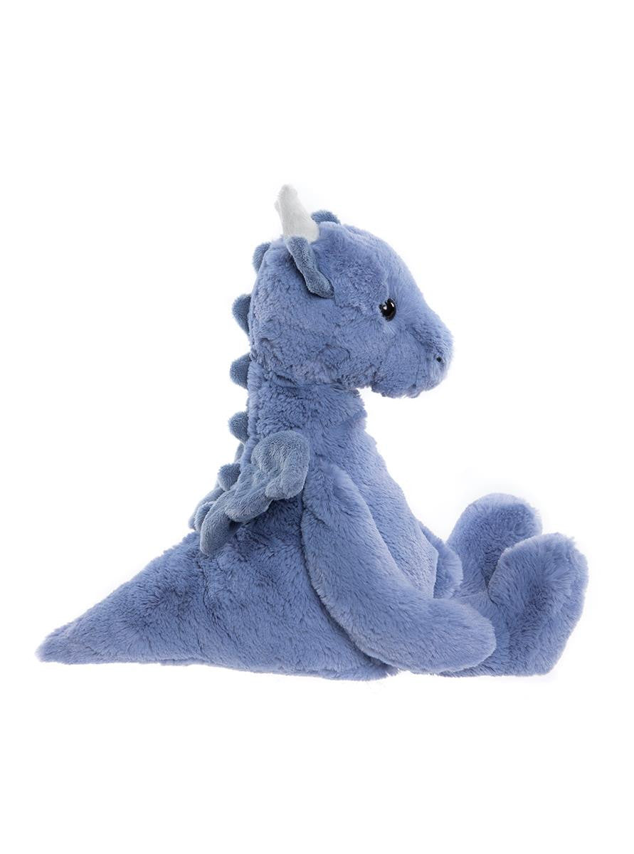 Blue plush dragon toy on a white background