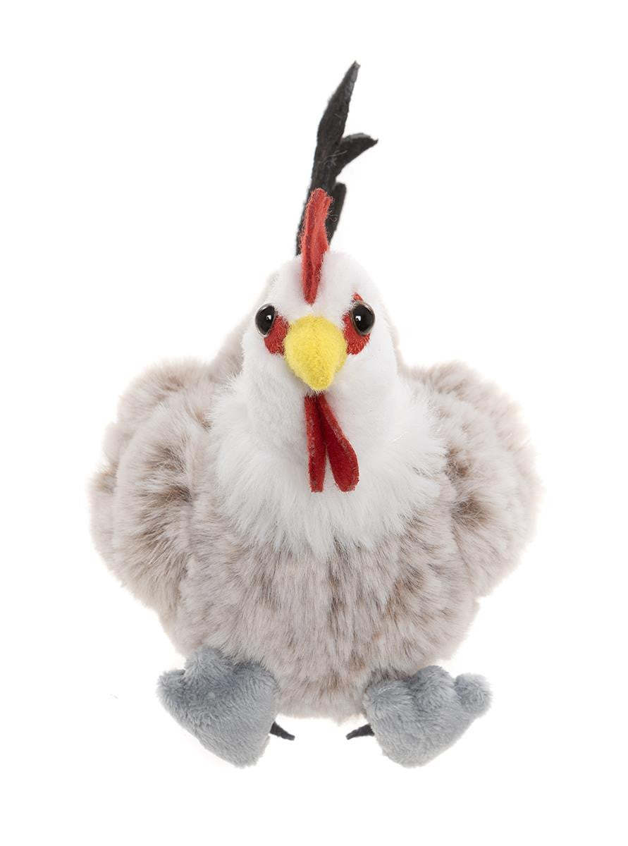 Plush rooster toy on a white background