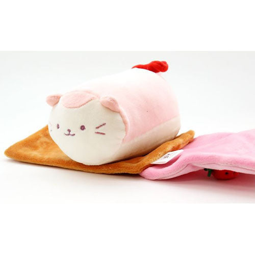 Plush cat toy on a brown, pink, and red wrap.