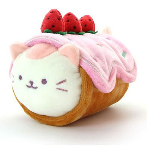 Stuffed cat toy shaped like a strawberry shortcake roll.