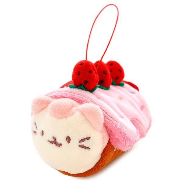 Stuffed plush toy shaped like a cat-themed cupcake with strawberries on top.