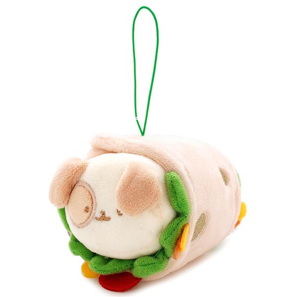 Plush dog toy wrapped in a pink burrito with green lettuce and a red tomato, hanging from a green string.