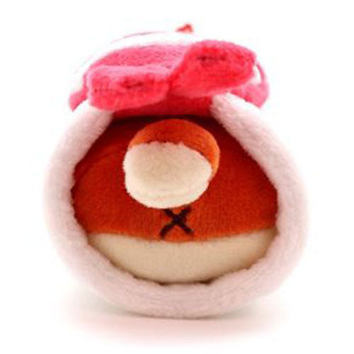 Plush toy with pink hat and orange body, white trim and bottom.