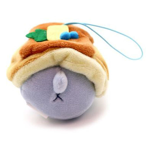 Stuffed toy shaped like a pancake topped with butter, syrup, and blueberries.