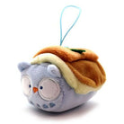 Plush owl with brown back and blue loop on top.