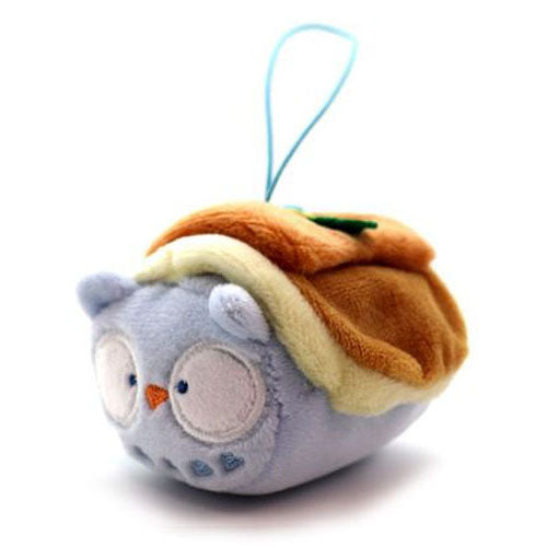 Plush owl with brown back and blue loop on top.