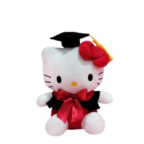 Plush Hello Kitty wearing graduation cap and gown.