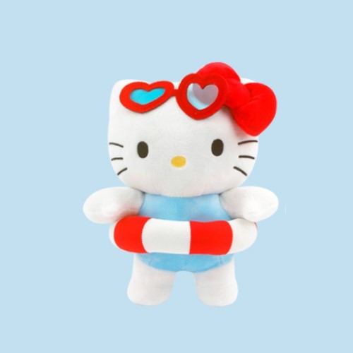 Hello Kitty plush in heart sunglasses, red bow, blue swimsuit, and red/white inflatable ring.