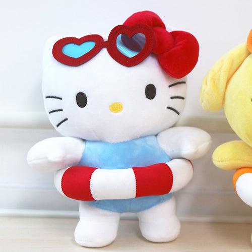 Plush Hello Kitty toy wearing heart-shaped sunglasses, a blue swimsuit, and a red and white striped life preserver.