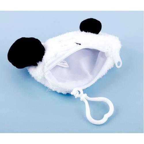 Open white and black plush coin purse with a white zipper and a white clip against a light blue background.