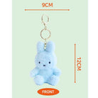 Light blue, plush Miffy rabbit keychain with labeled dimensions.