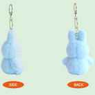 Side and back views of a blue bunny plush keychain.