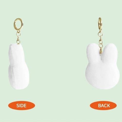 Side and back view of a white bunny plush keychain.