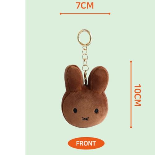 Close-up of a brown plush bunny keychain with measurement markings.