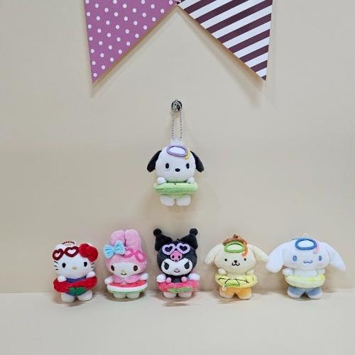 Five plush character charms with miniature inflatable rings.