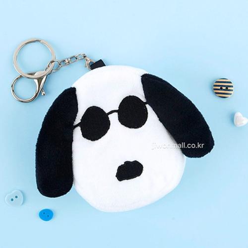 White plush coin purse with black sunglasses and ears. Metal keychain. Buttons and a heart shape. Light blue background.