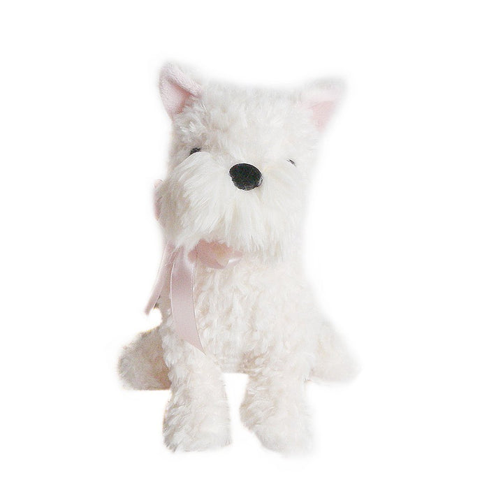 White plush West Highland Terrier toy with a pink ribbon.