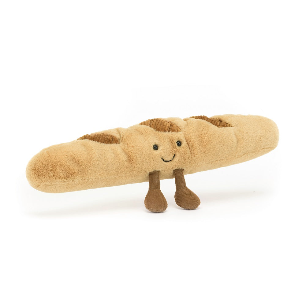 Stuffed baguette with brown legs and a smiley face.