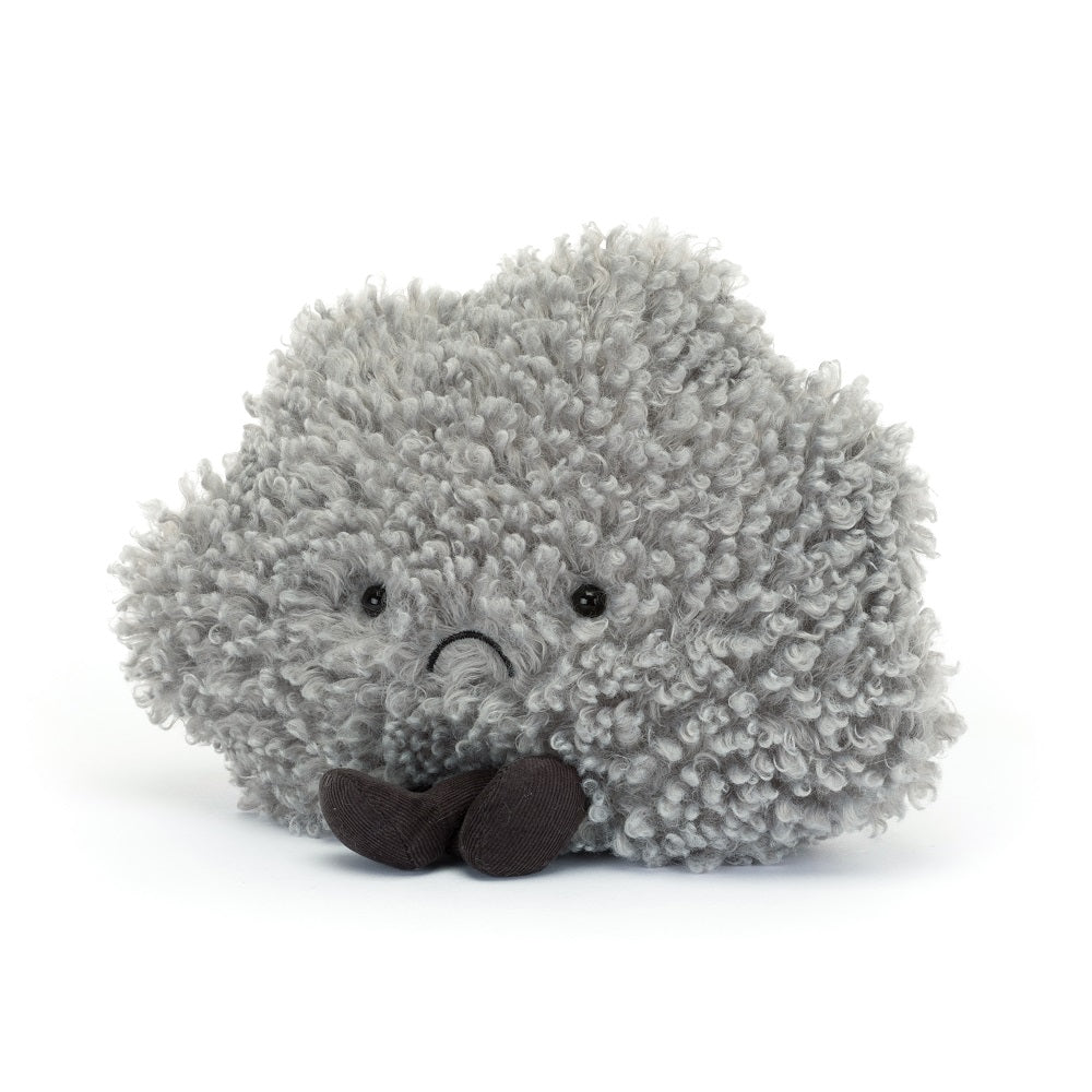 Gray, fluffy, cloud-shaped plush toy with a sad face and dark brown feet.