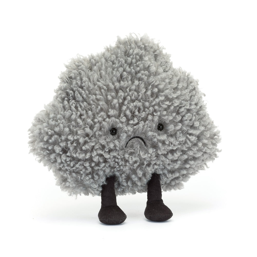 Gray, fluffy, cloud-shaped plush toy with black legs and sad expression.