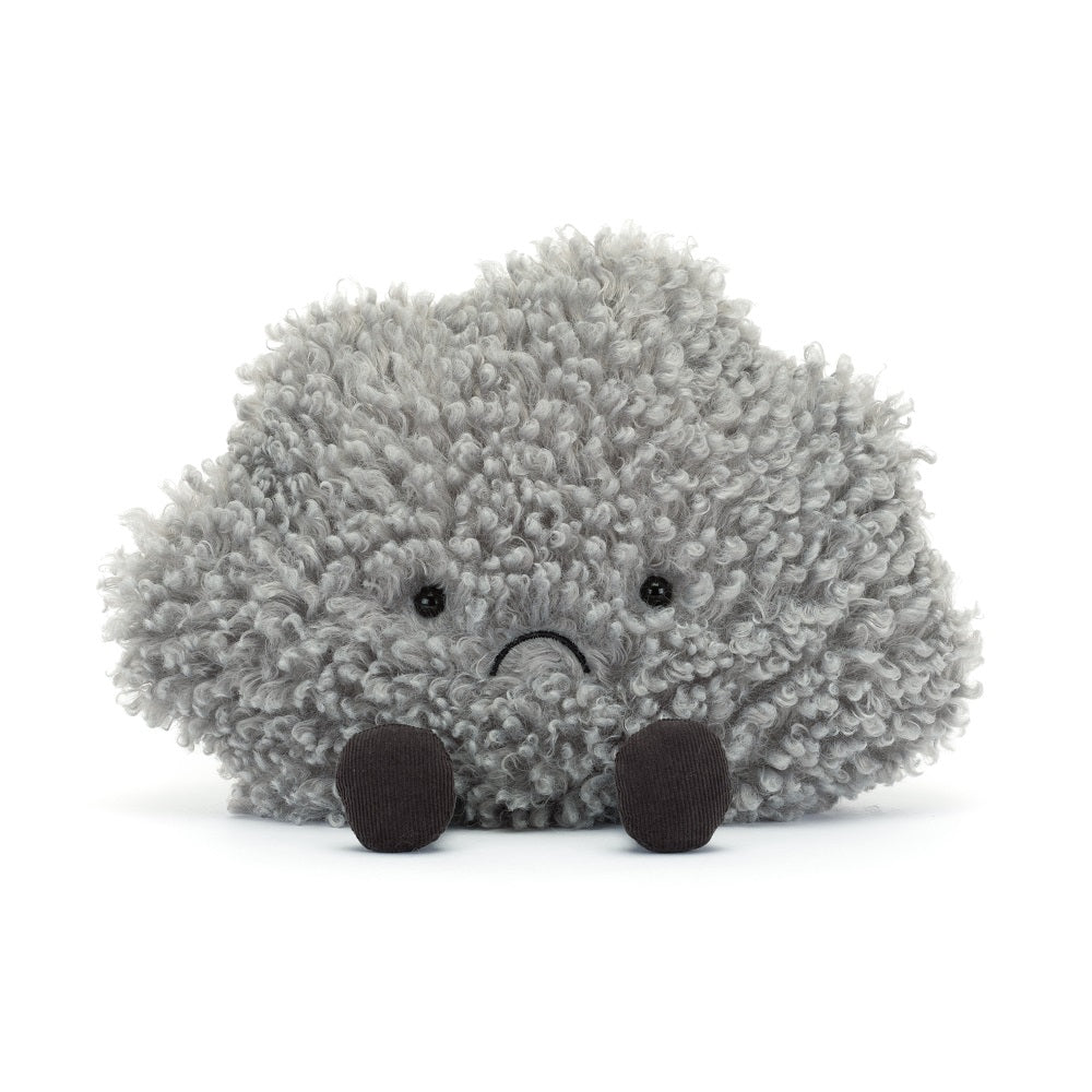 Gray, curly stuffed cloud toy with a sad face.