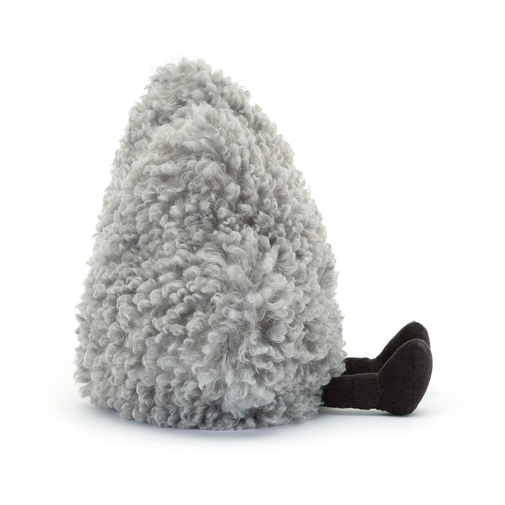 Gray fluffy sheep plush toy with dark brown legs.