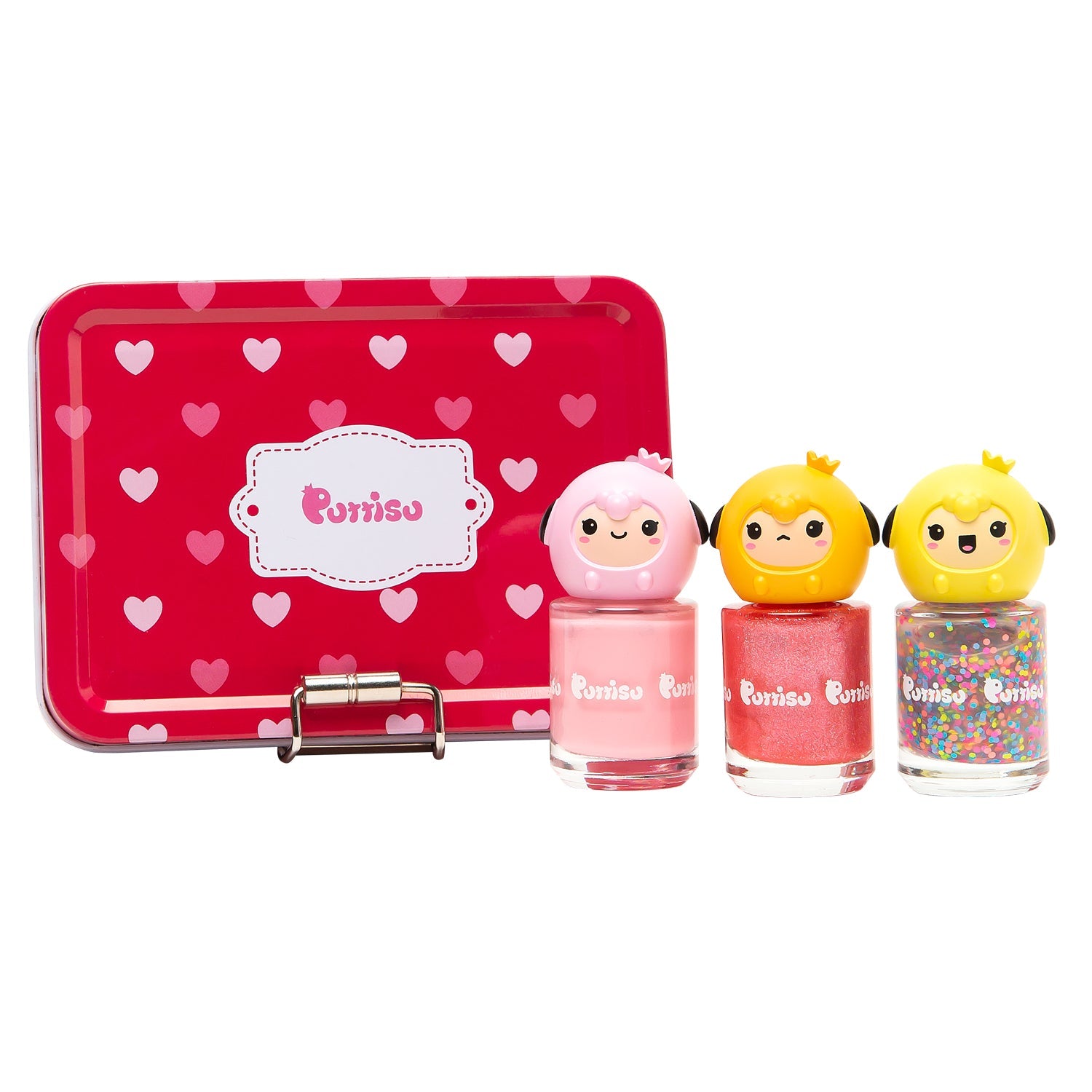 A Poriso-brand nail polish set with a red and white heart-patterned case.