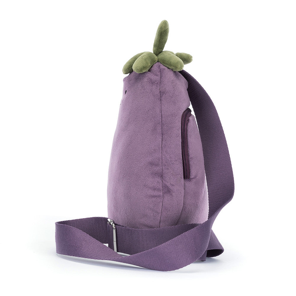 Purple backpack shaped like an eggplant on a white background