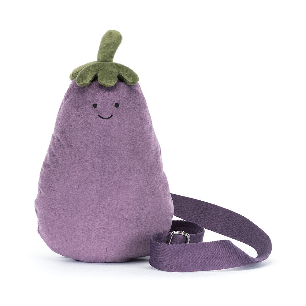 Plush eggplant-shaped bag with a smiley face on a white background