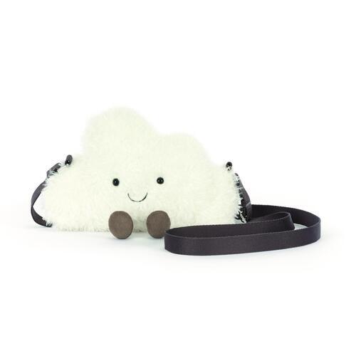 White fluffy cloud-shaped shoulder bag with smiling face and brown feet by Jellycat, featuring black strap, front view