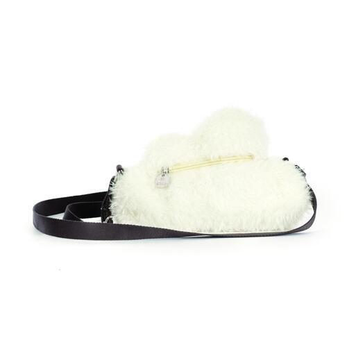 White fluffy cloud-shaped shoulder bag by Jellycat with black strap and gold zipper, side view
