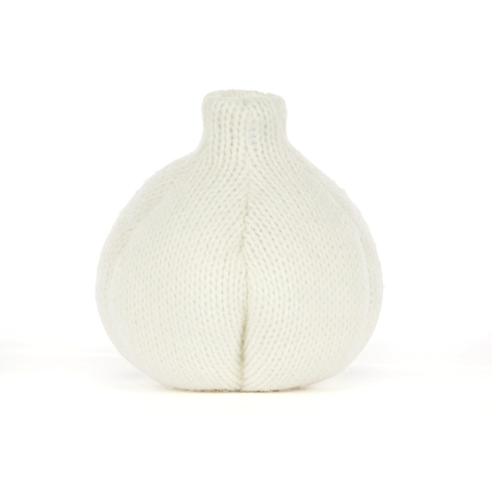 A white knitted garlic-shaped vase with a textured knit pattern and a short neck, centered on a plain white background.