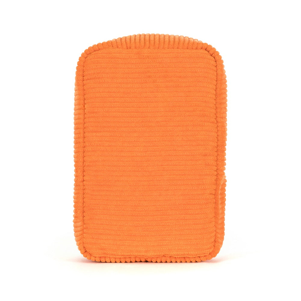 Orange corduroy cushion on white background.