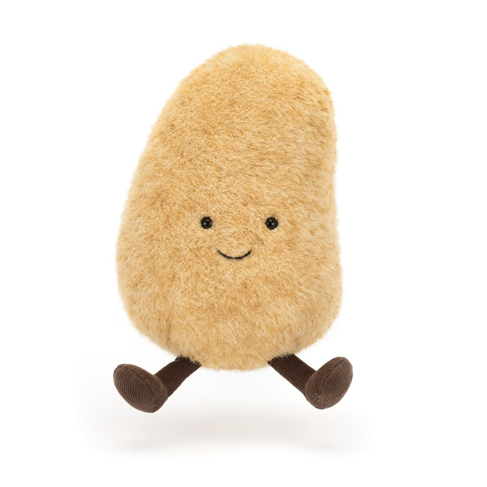 Stuffed potato toy with a smiling face and brown corduroy legs.