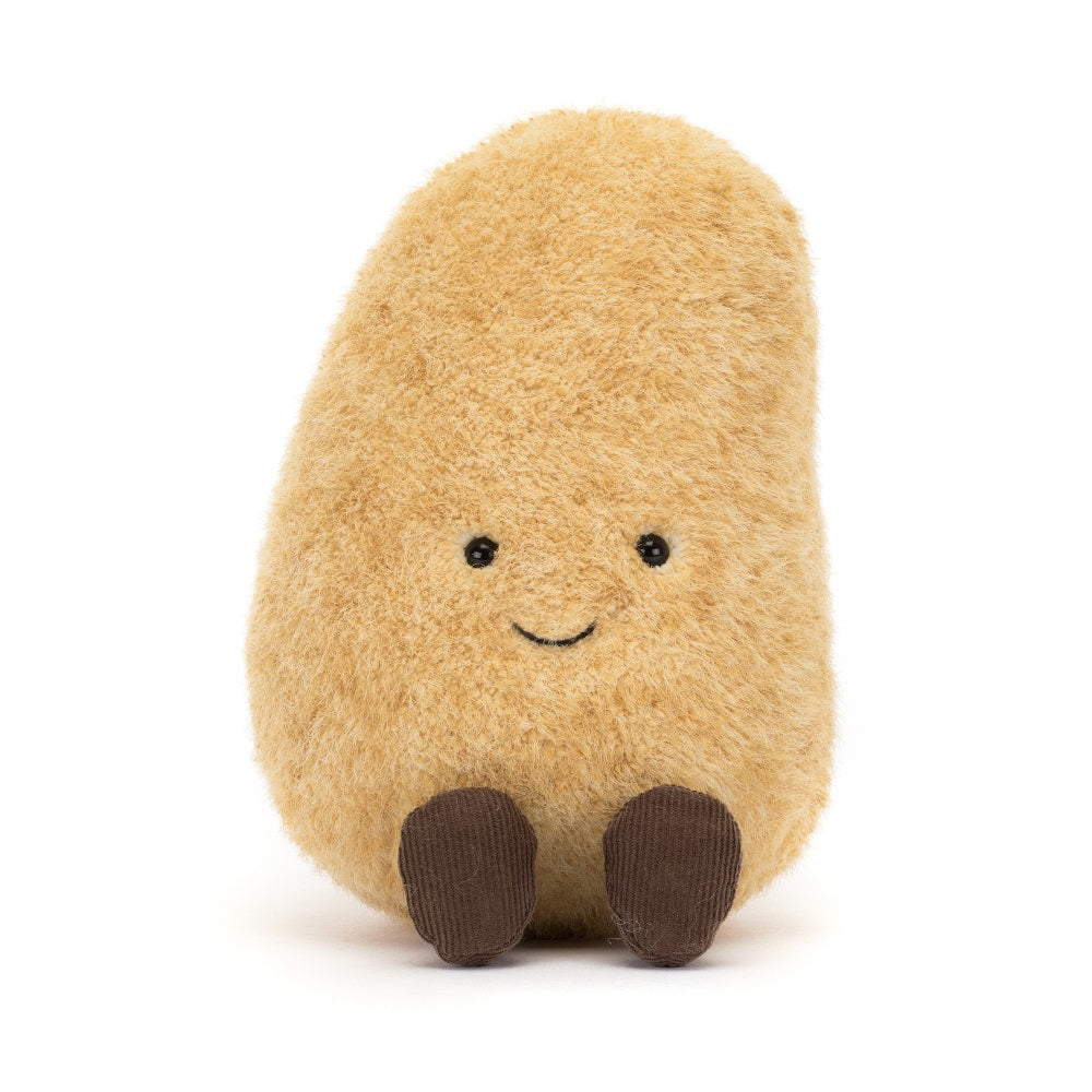Tan plush potato toy with brown feet and a smiling face, sitting upright against a white background.