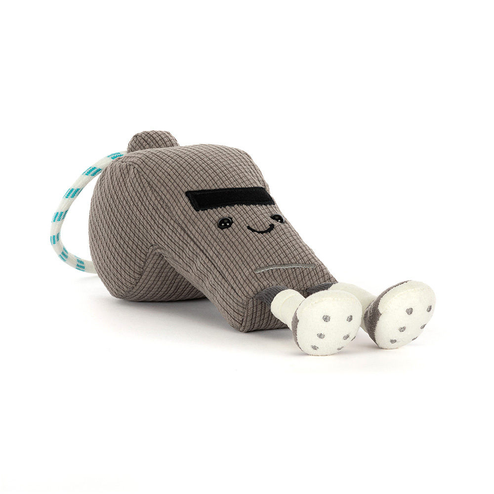 Plush toy resembling a moose with a smiling face on a white background