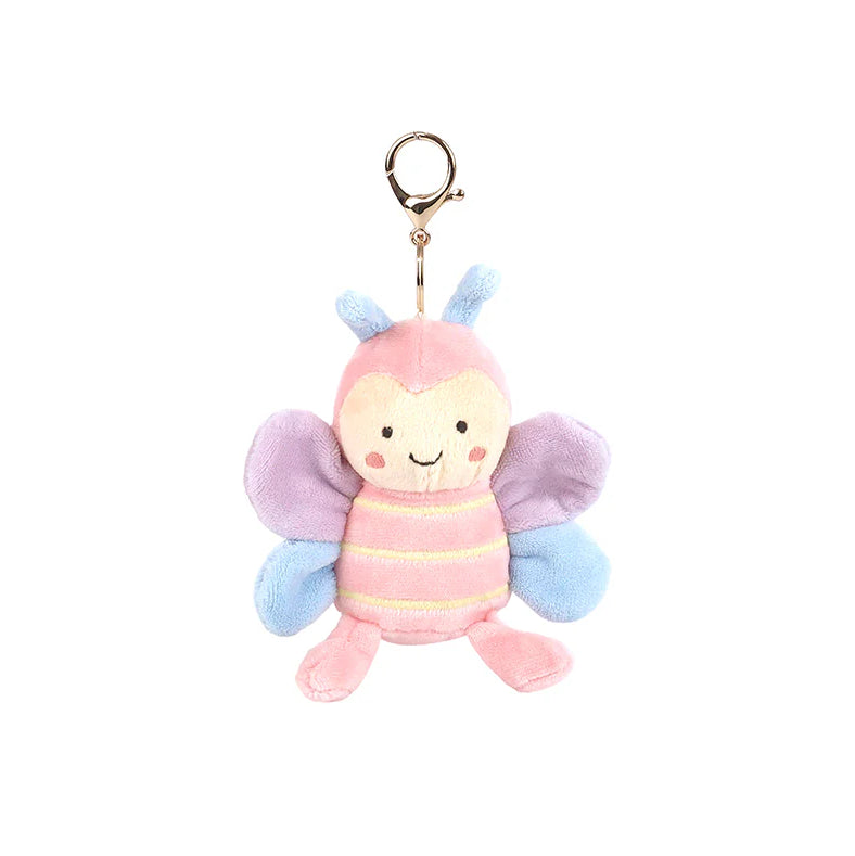Plush bee-shaped keychain with a clip on a white background