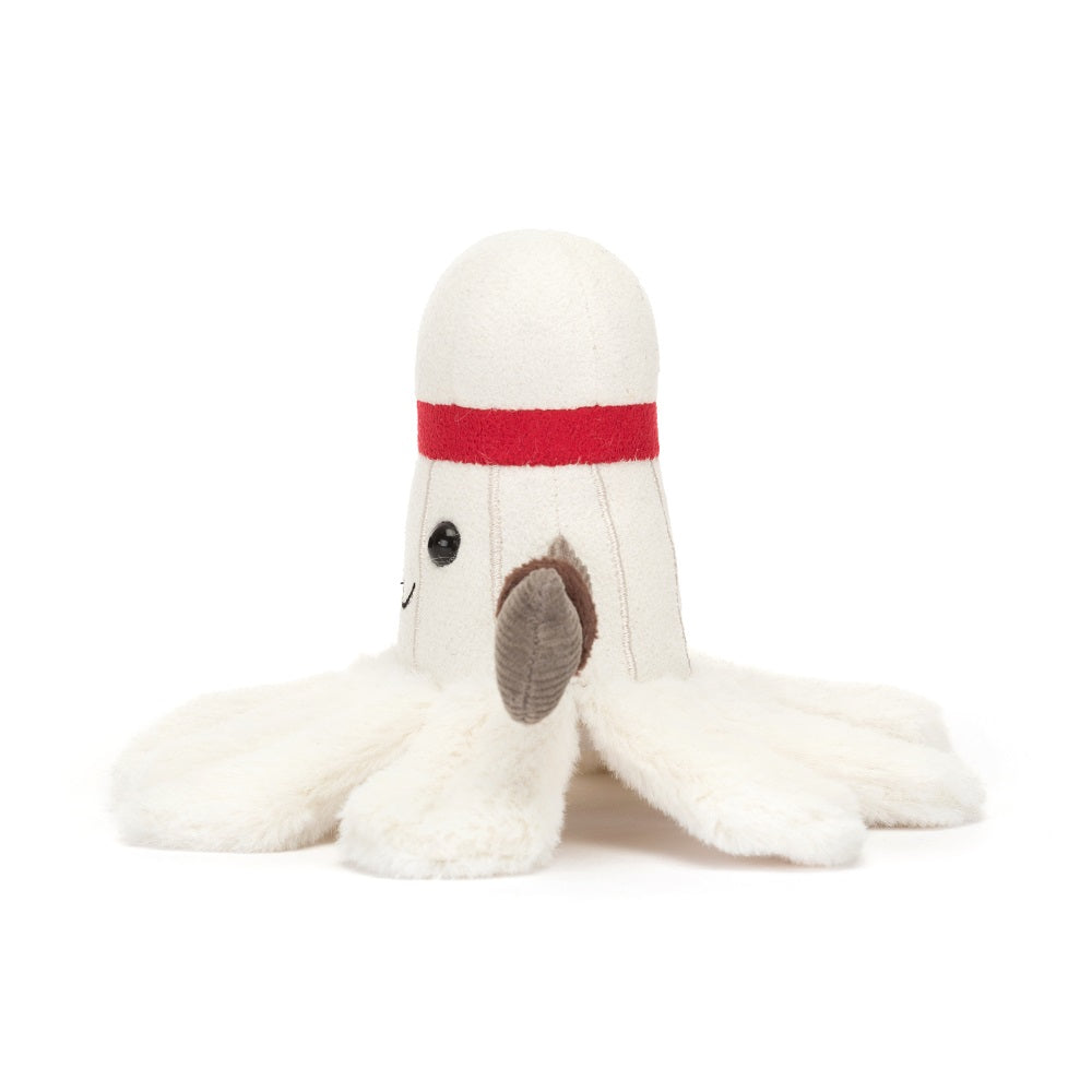 Stuffed bowling pin with a red stripe and fuzzy white base.