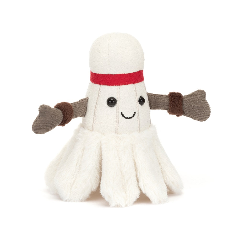 Stuffed badminton shuttlecock with a smiling face.